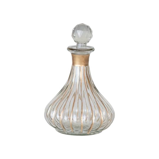 Hello Honey® 12oz. Clear & Gold Stripes Hand Painted Blown Glass Fluted Mini Decanter